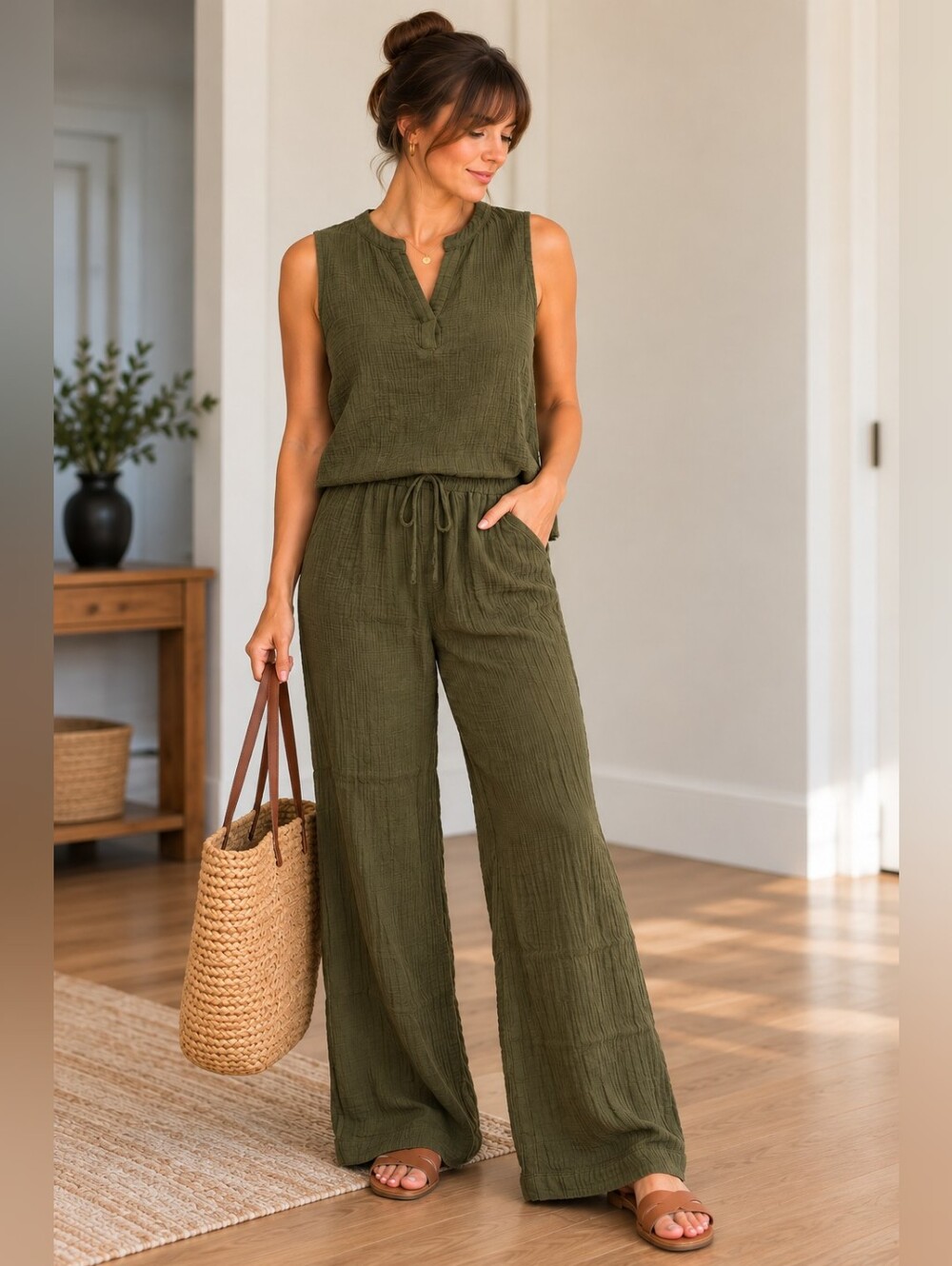 Joe Fresh Olive Green Sleeveless Top and Wide-Leg Pants Set